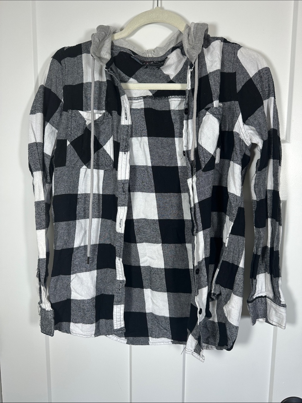 Polly & Esther Black and White Plaid Button-Down Shirt with Hood